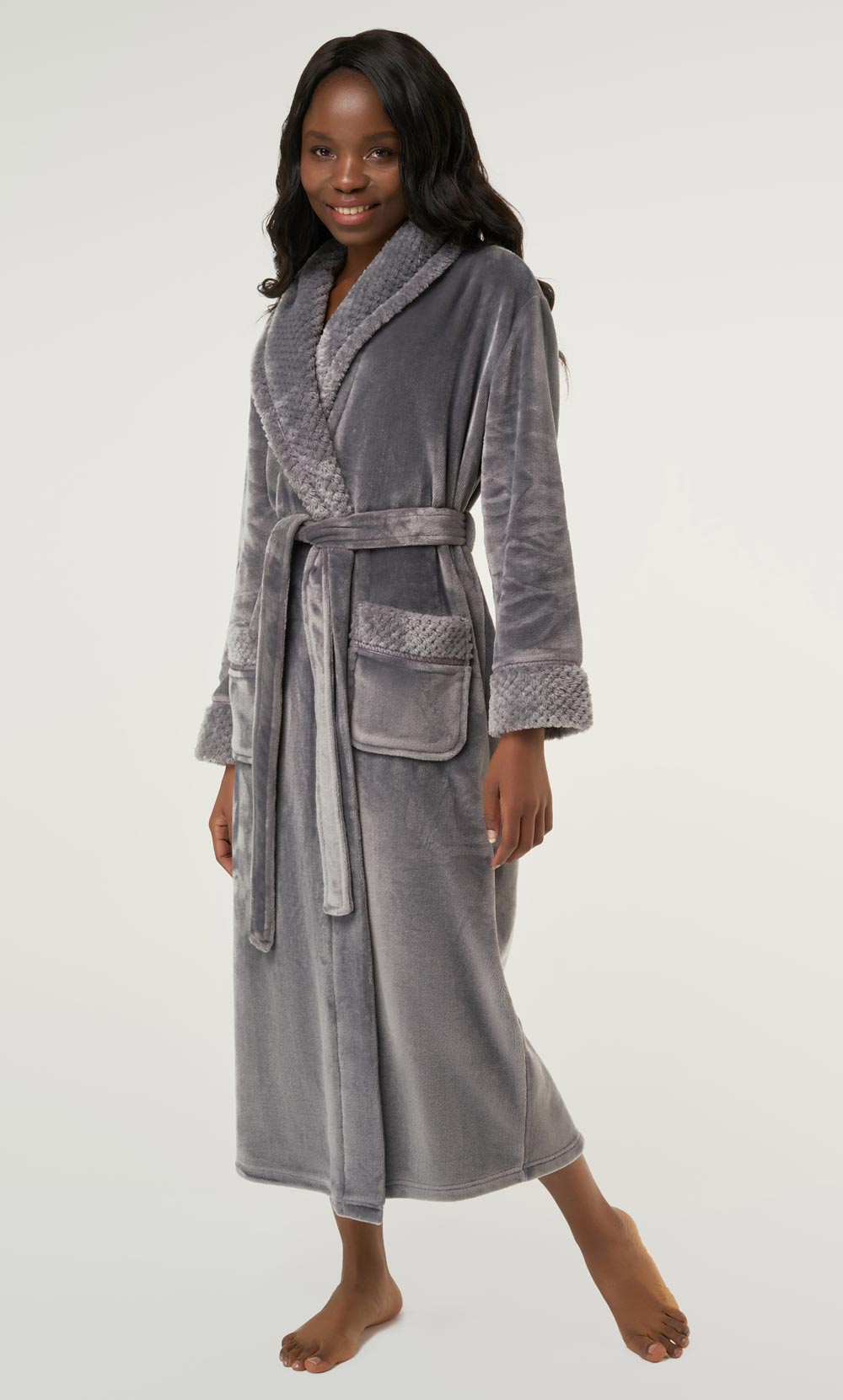 Gray Plush Soft Warm Fleece Womens Robe