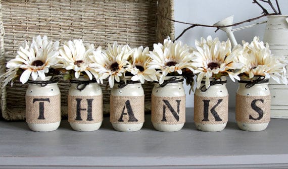 Thanksgiving Decor Table Centerpiece Painted Mason Jars THANKS
