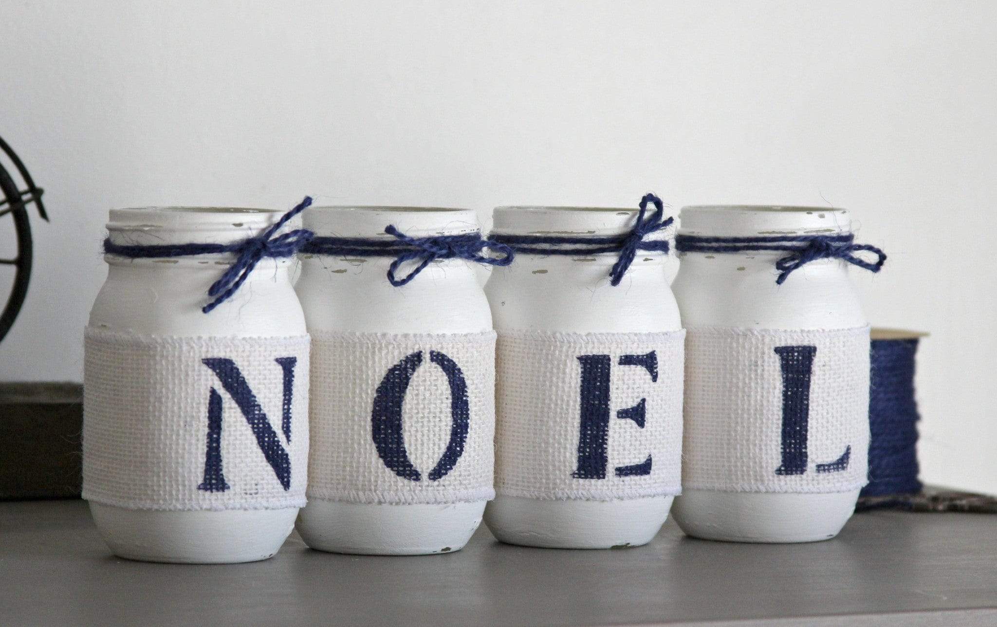 Rustic Christmas Mantel Decor in White and Blue NOEL - One Sided