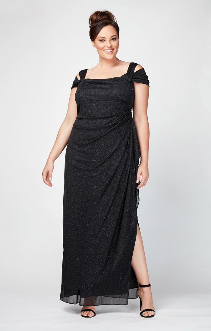 Cold Shoulder Glitter Mesh Dress with Draped Skirt & Cowl Neckline