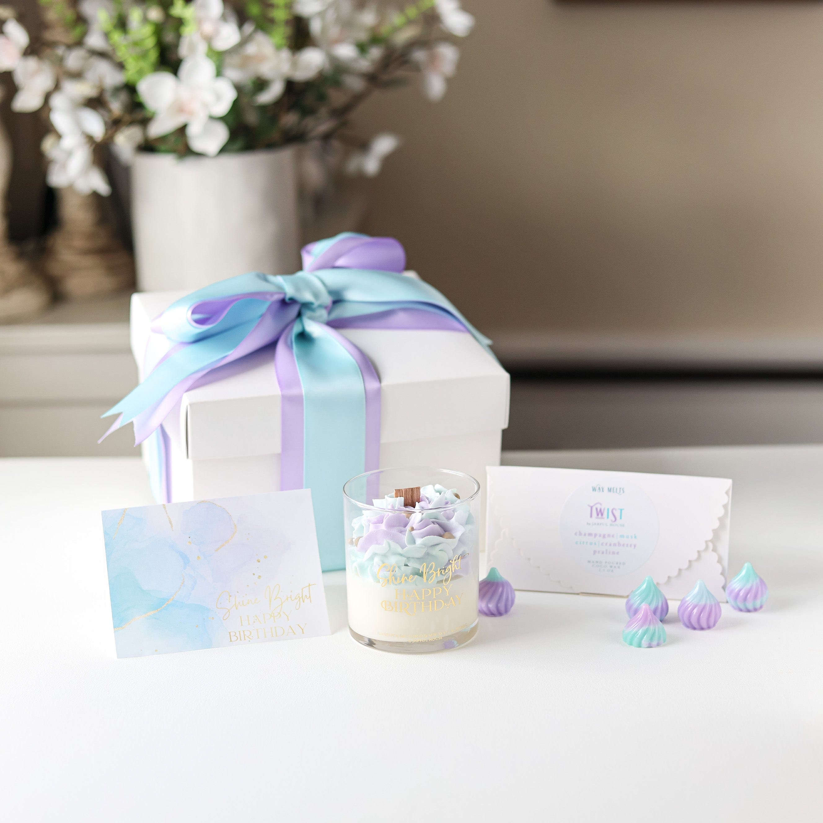 Shine Bright Happy Birthday Gift Bundle Candle +Wax Melts + Wish Card