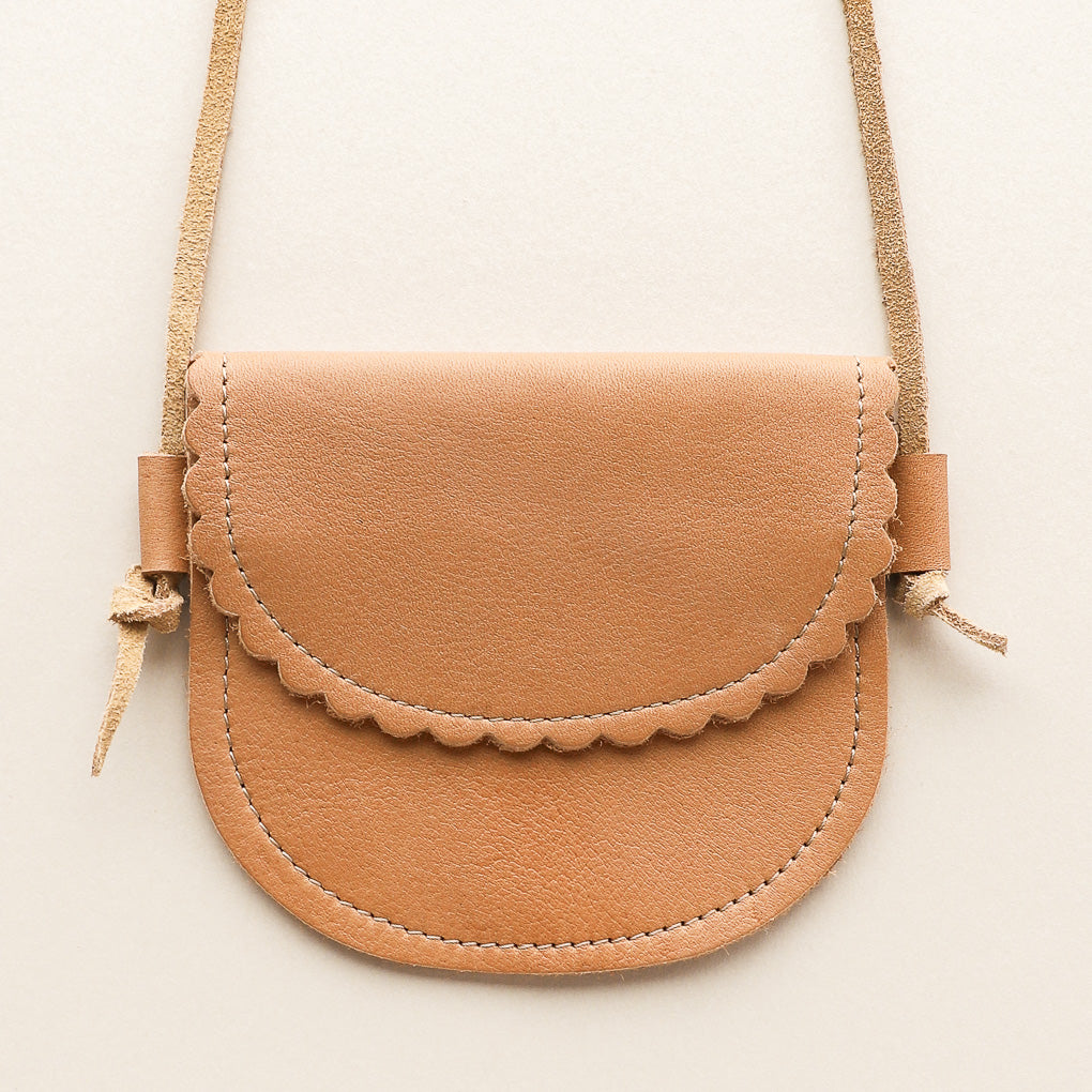 Scalloped Leather Crossbody Kid's Purse in Caramel