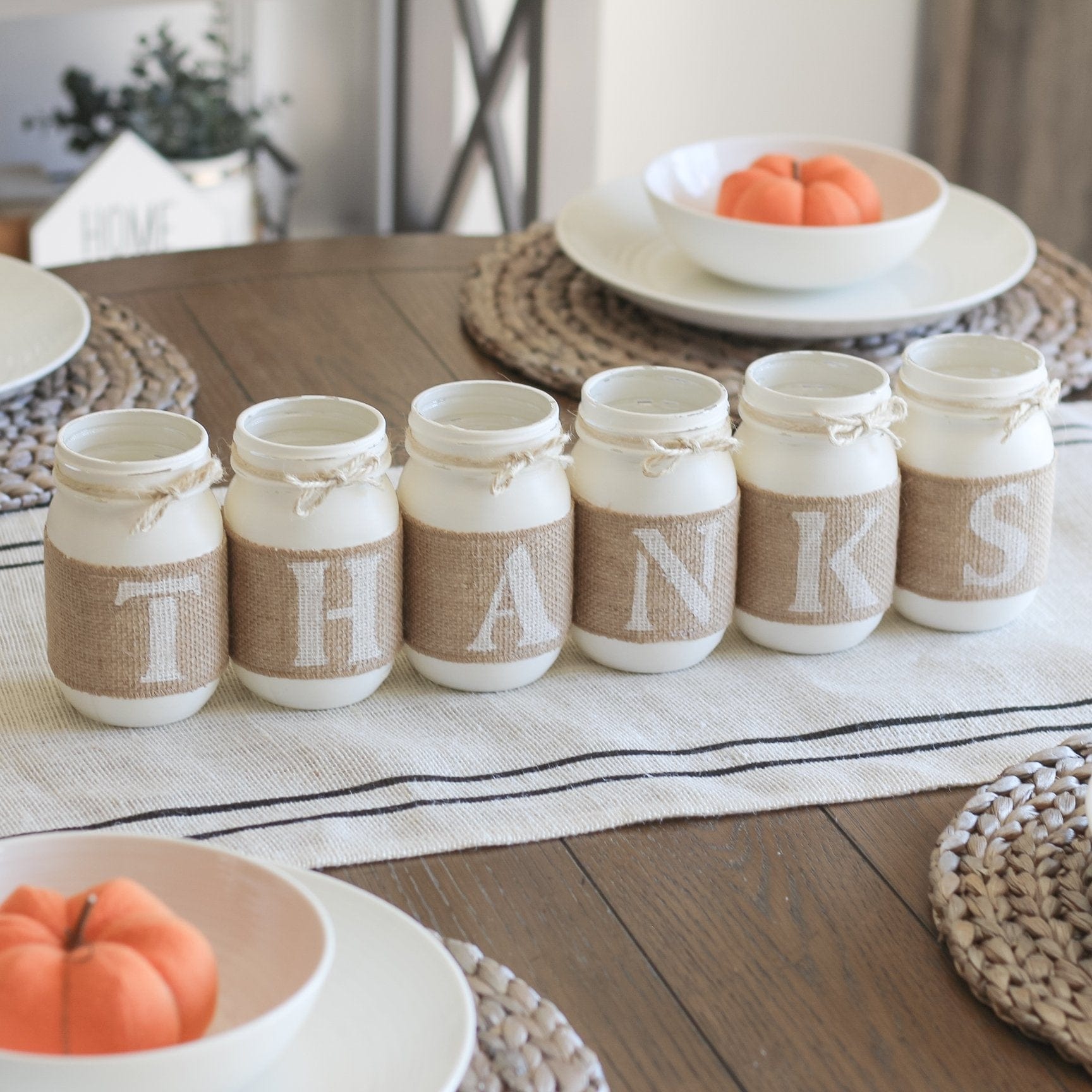 Thanksgiving Decor Table Centerpiece Painted Mason Jars THANKS