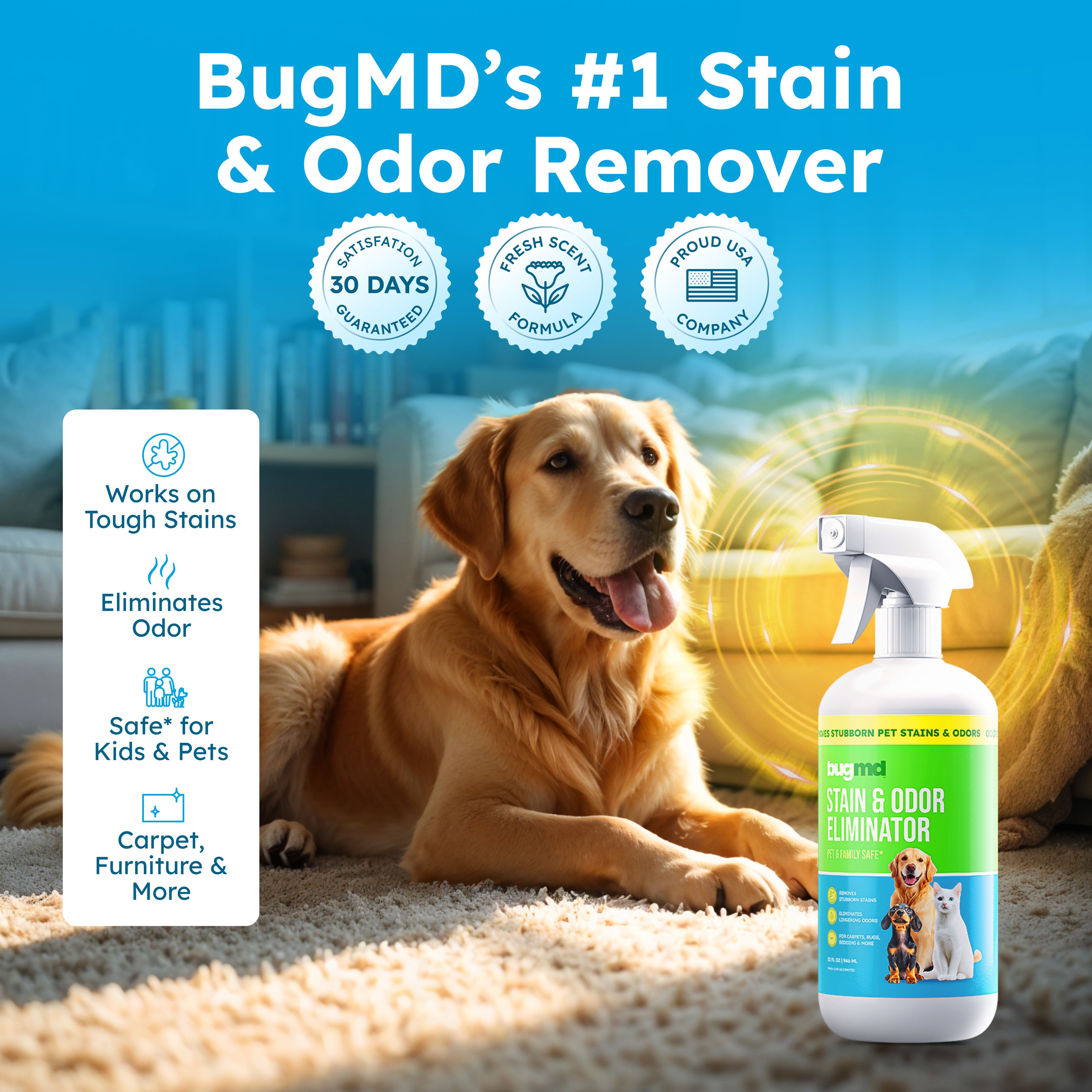 BugMD Enzyme Cleaner for Dog and Cat Urine, Pet Stain and Odor Remover for Carpet & Home