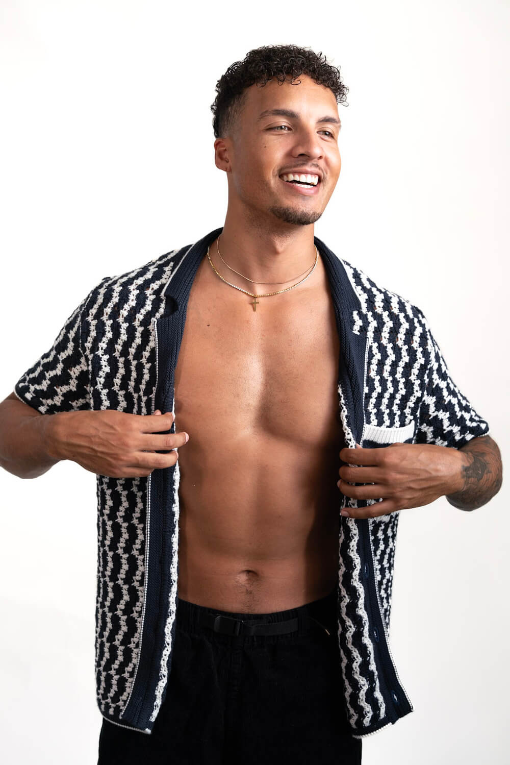 Crochet Button-Up Shirt | Organic Cashmere Cotton Blend | Navy & White