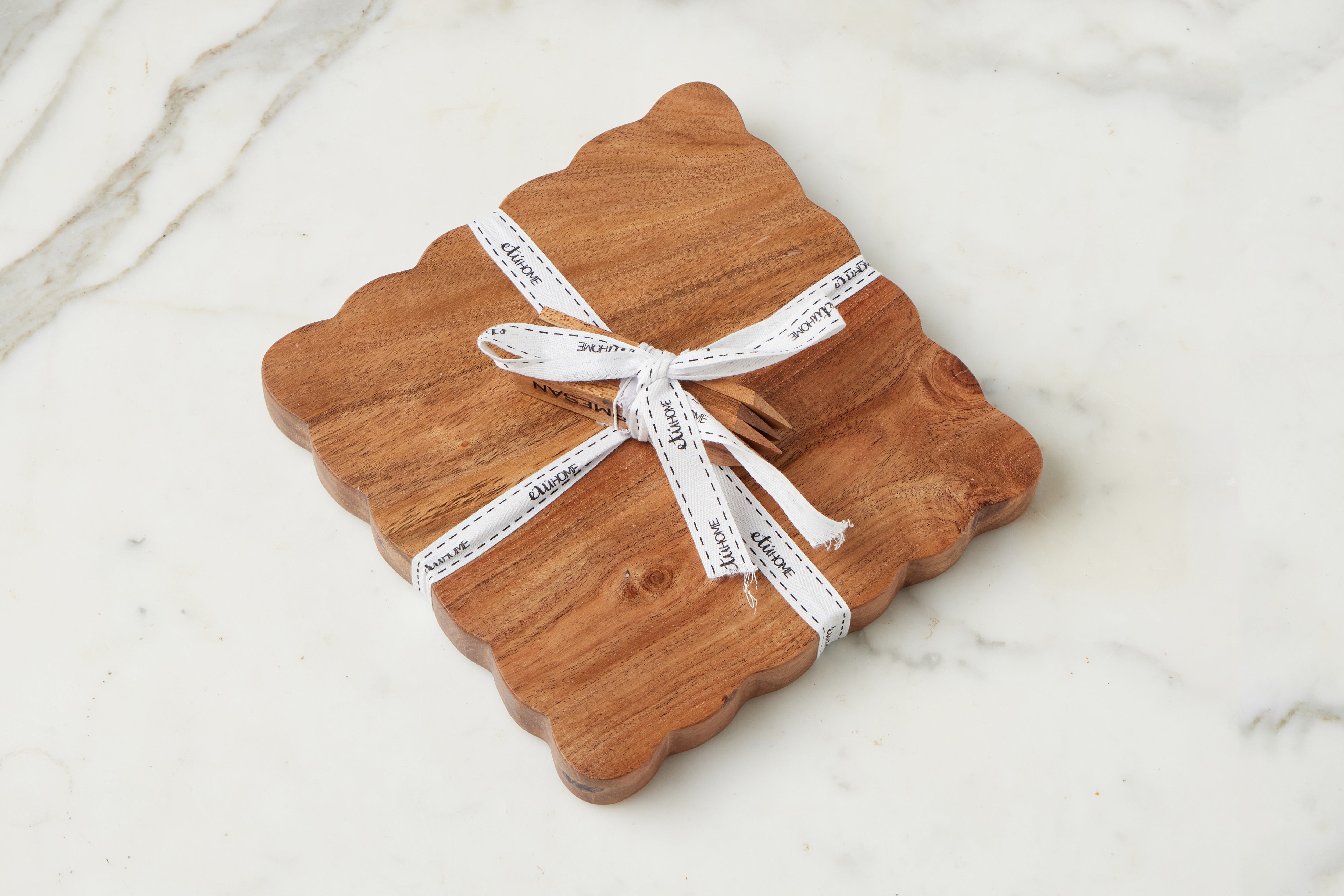 Square Scalloped Cheese Board with Cheese Markers, Small, Natural